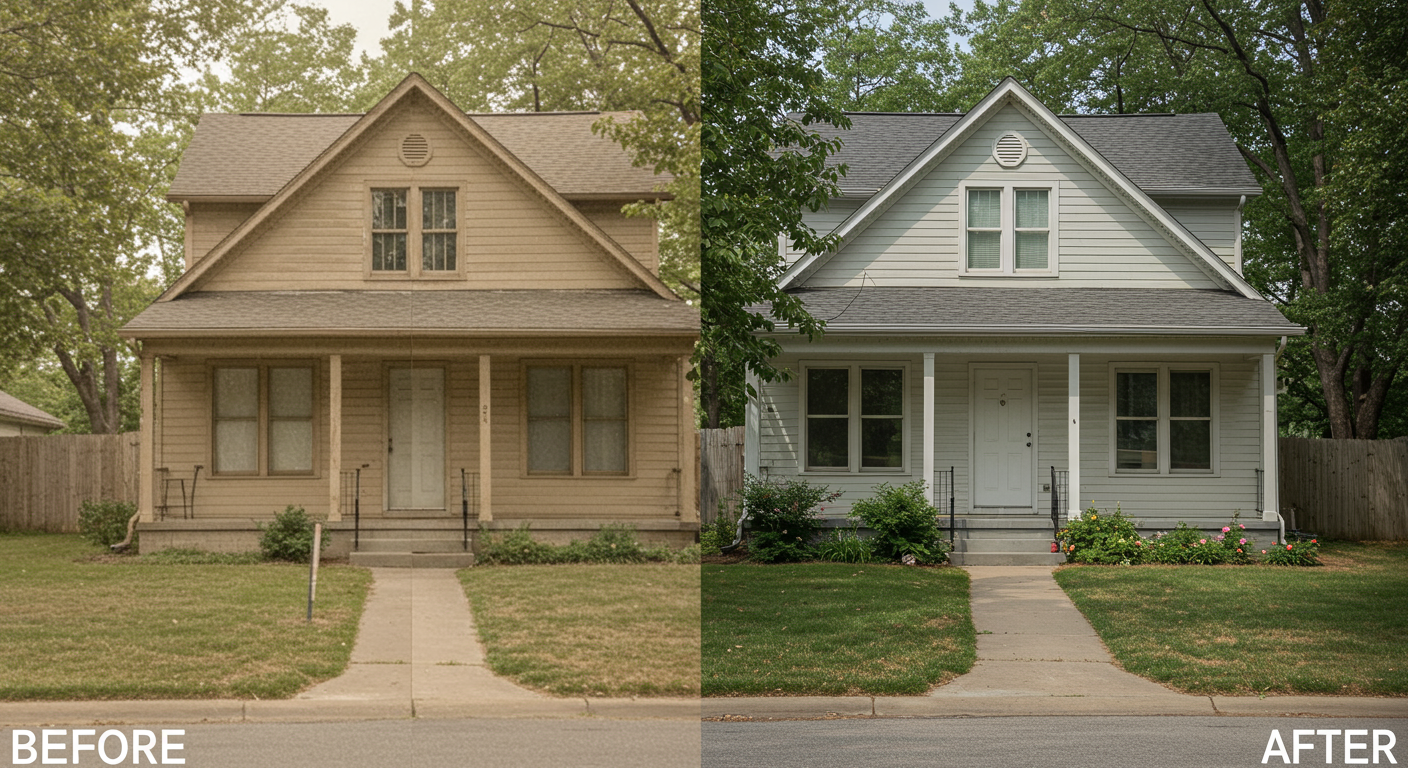 A split image showing a home before and after painting. The before side is dull and faded, while the after side is vibrant and inviting, illustrating the dramatic difference that painting can make.