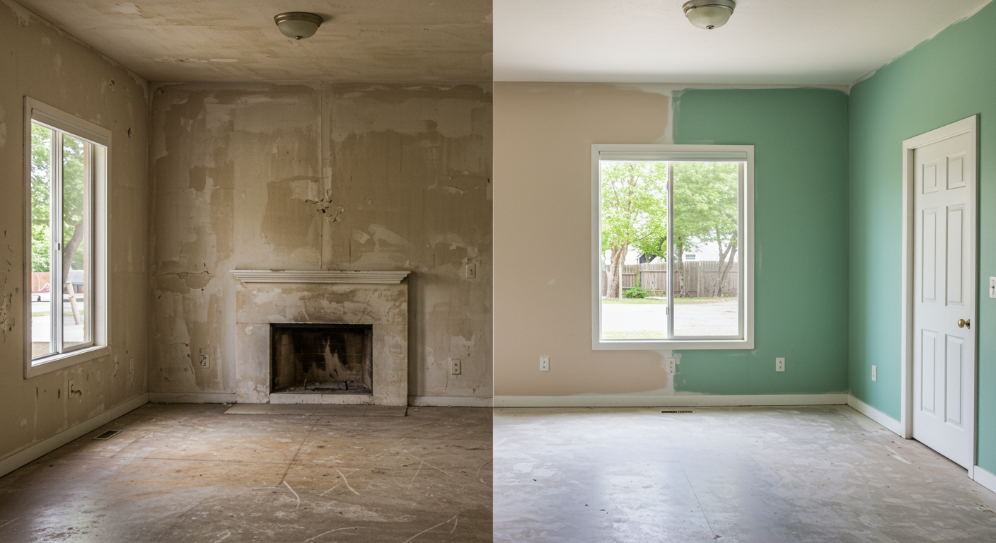 A split image showing a before-and-after transformation of a room in a Ceres home, with one side showing dull, old paint and the other side vibrant and freshly painted.