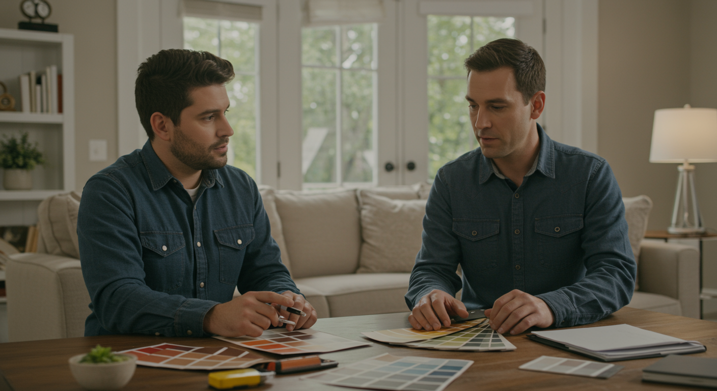 A scene depicting a painter discussing color options with a homeowner in a beautifully lit living room. Color swatches are spread out on a table, and the atmosphere is collaborative and inviting.