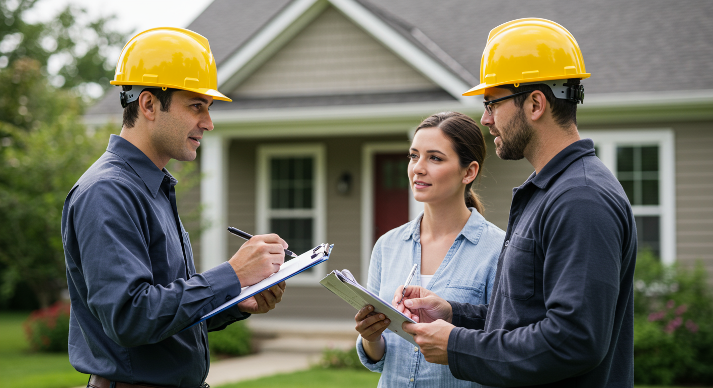 A contractor discussing plans with a homeowner outside their house, with a clipboard and paint samples in hand. The house is in the background, showcasing its current state.