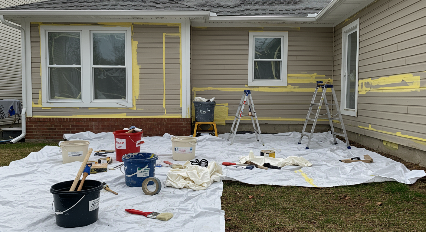 A homeowner preparing their house for painting, with tools like drop cloths, painter's tape, and brushes laid out. The house exterior is partially covered, showcasing the preparation phase.