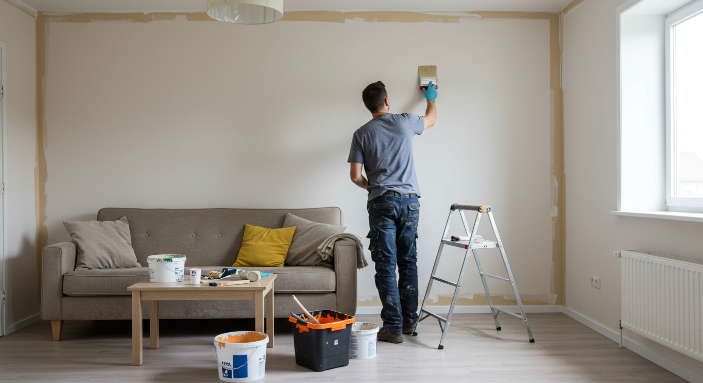 A professional interior painter applying a fresh coat of paint to a living room wall, showcasing vibrant colors and a well-organized workspace. The painter is focused and meticulous, reflecting dedication to quality work.