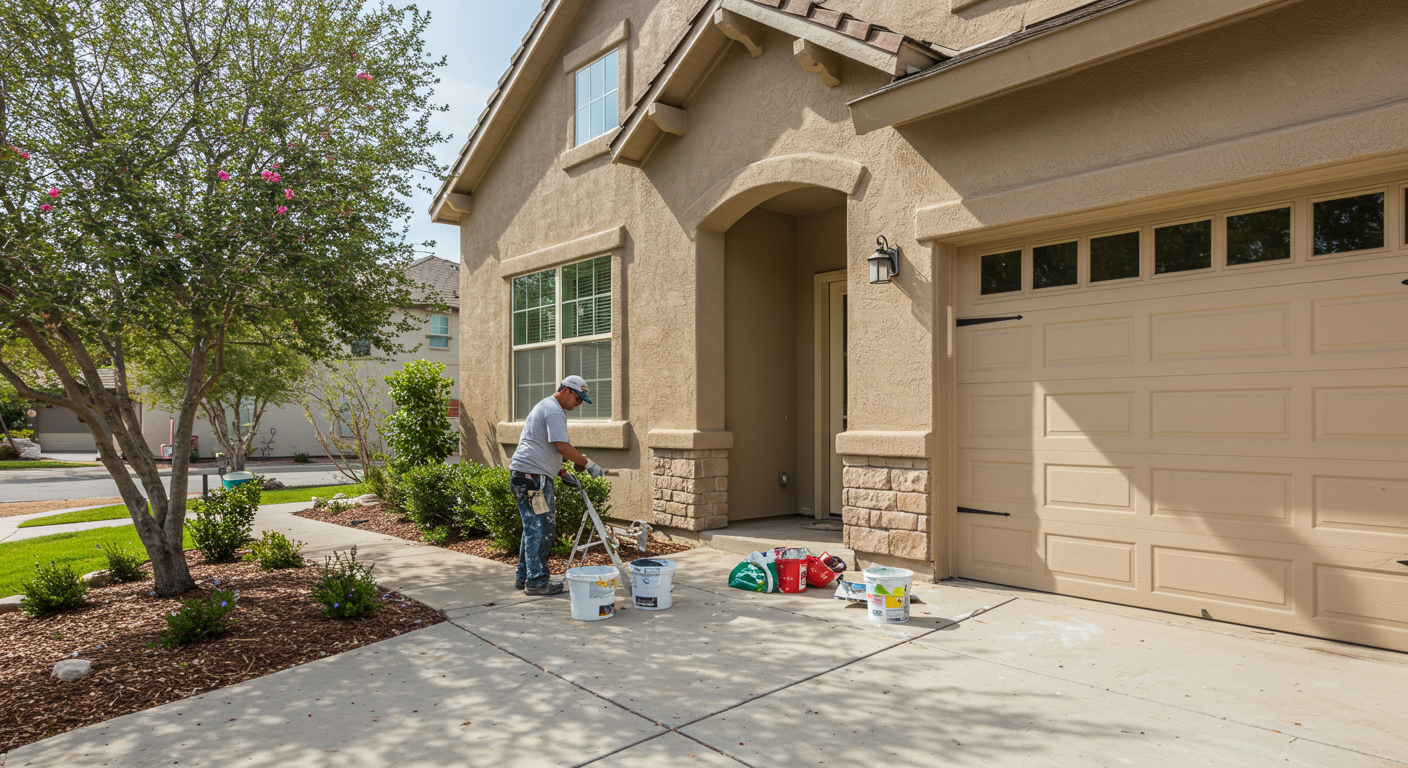 A vibrant image showcasing a professional painter applying a fresh coat of paint to a charming single-family home in Rancho Santa Margarita. The painter is focused on their work, with paint supplies neatly arranged nearby.