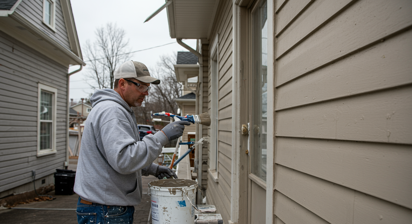 A professional painter in action, applying a fresh coat of paint to a charming residential home. The painter is focused and wearing safety gear, showcasing professionalism.