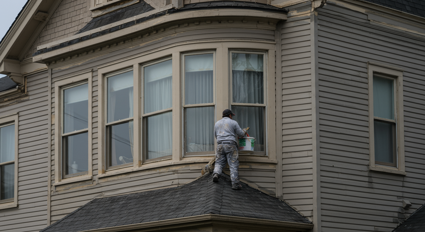 A professional painter applying a fresh coat of paint to the exterior of a charming San Bruno home. The painter is focused on their work, showcasing attention to detail.