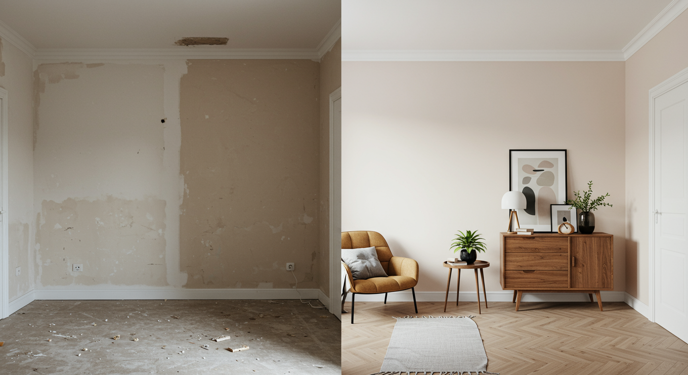 A split image showcasing a room before and after the painting process. The left side shows a dull, unpainted wall, while the right side displays a bright, newly painted wall with stylish decor.