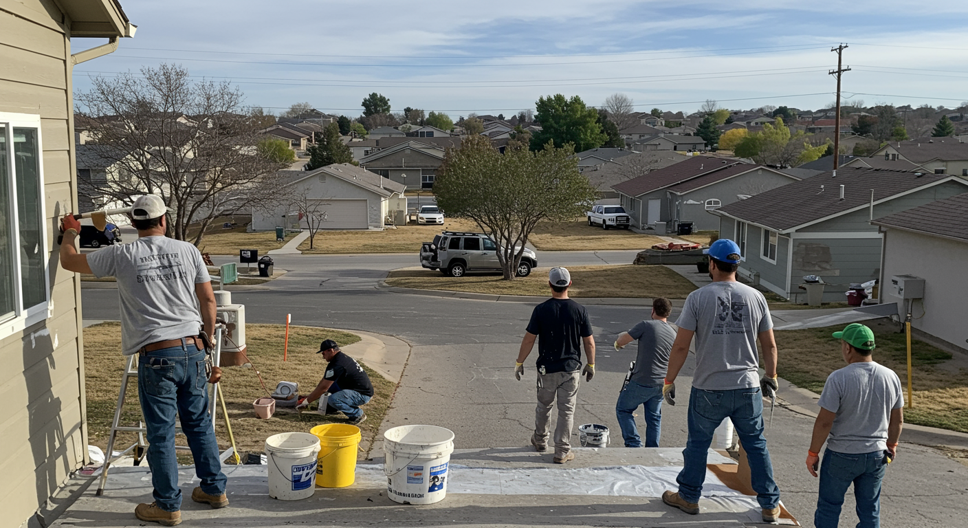 A group of local painters collaborating on a large exterior painting project, with a Bakersfield neighborhood in the background.