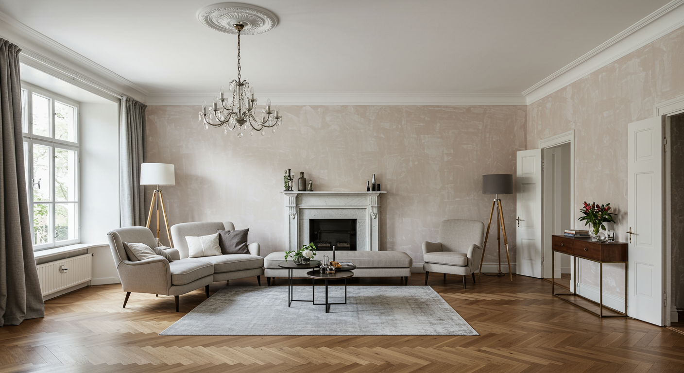 A wide shot of a stunningly painted interior space, showcasing the elegance of the new paint job. The room is well-decorated with furniture that complements the color scheme.