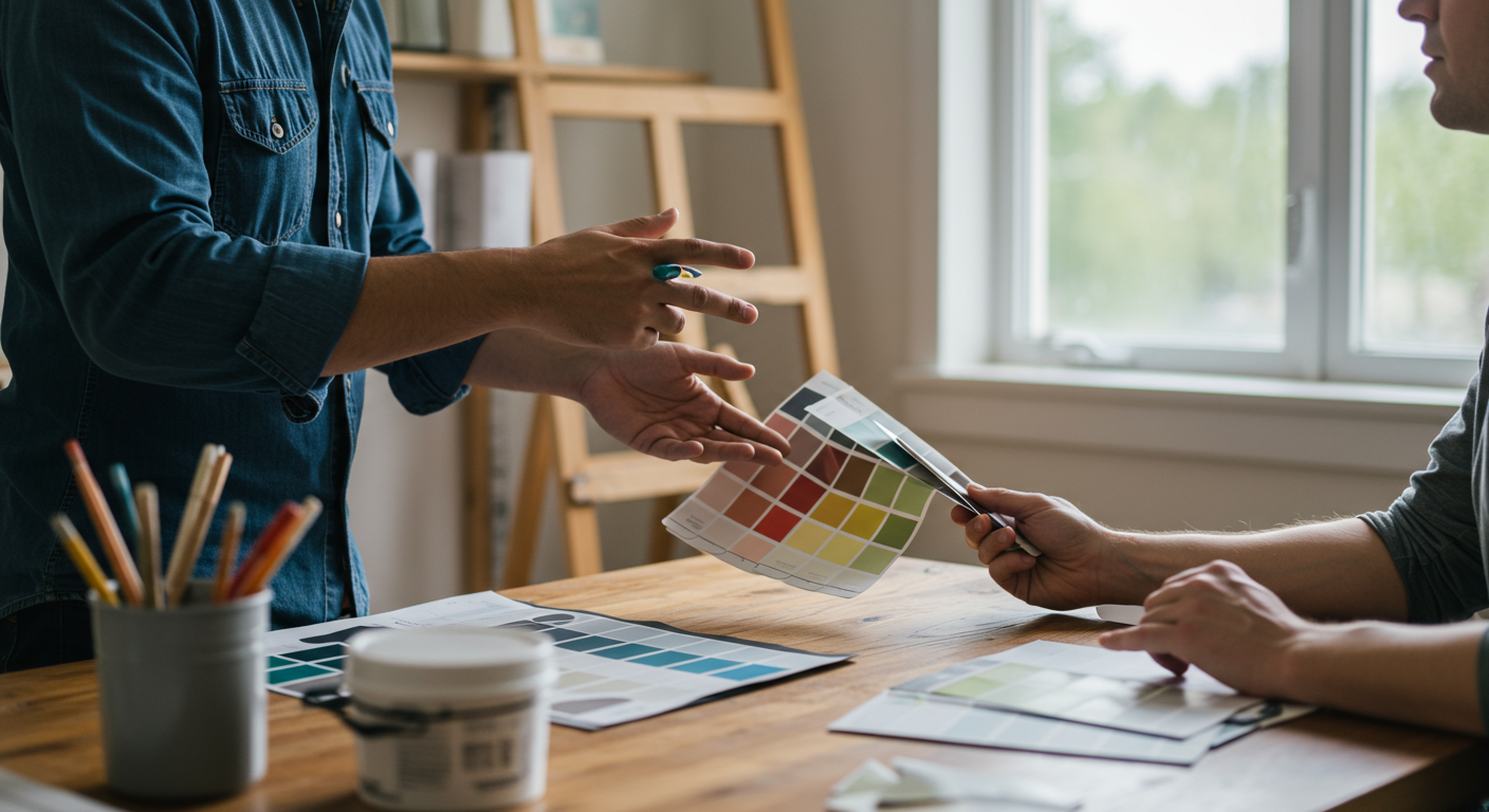 A painter is discussing color options with clients, showing paint swatches and samples. The setting is a cozy room filled with natural light, creating a collaborative atmosphere.