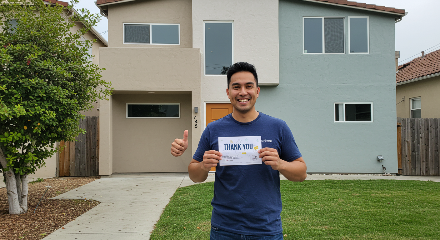 A happy homeowner standing in front of their freshly painted home in Los Angeles, smiling and giving a thumbs-up. The house features a modern design with a clean, vibrant paint job. The homeowner is holding a 'Thank You' card, symbolizing customer satisfaction.