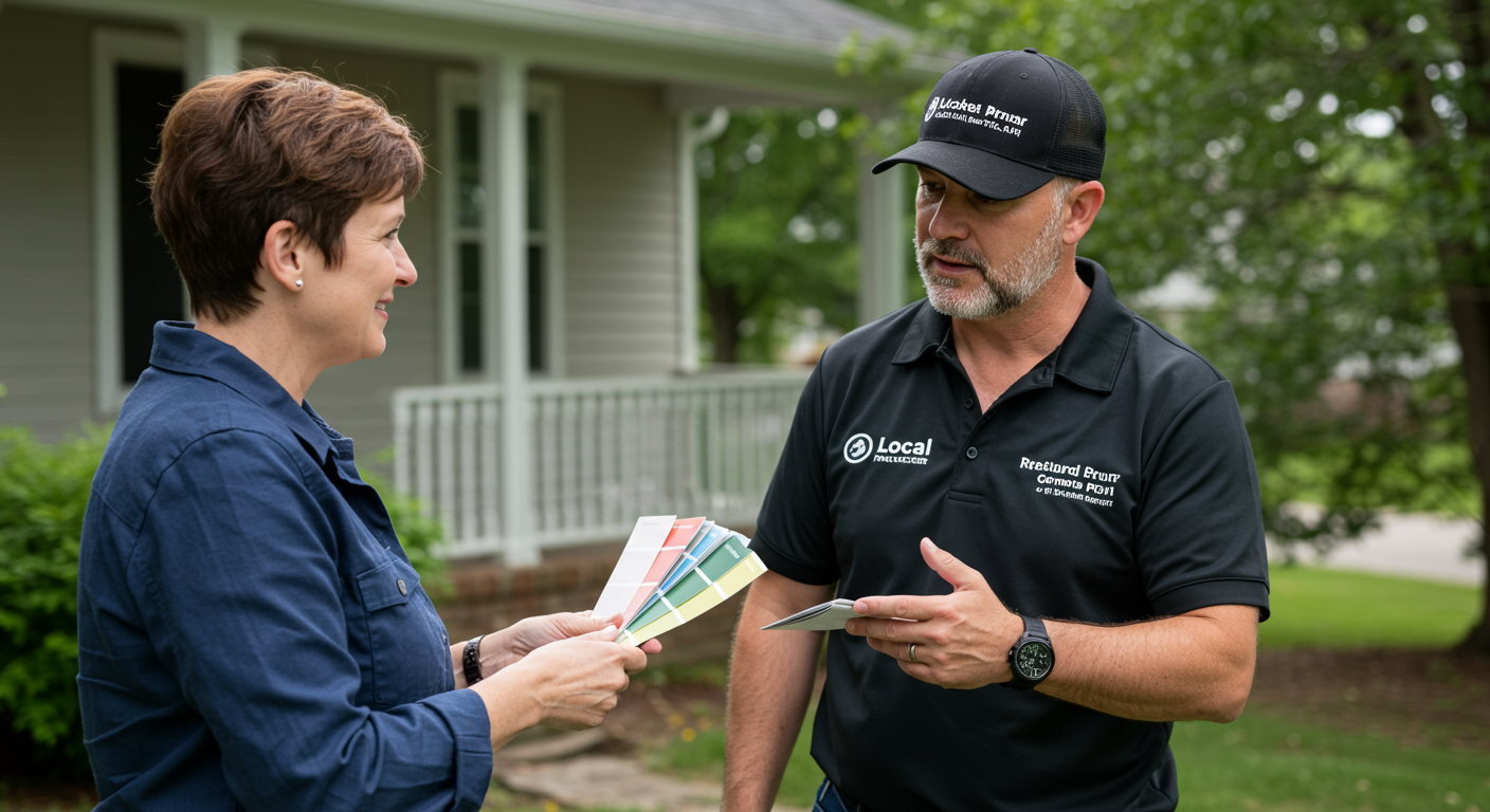 A local painter discussing color options with a homeowner in front of their house. Samples of paint colors are visible, showcasing a personalized service approach.