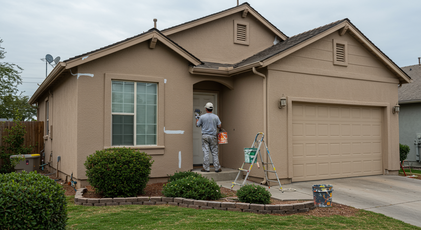 A professional painter in a uniform, carefully painting the exterior of a charming suburban home in Beaumont, CA.