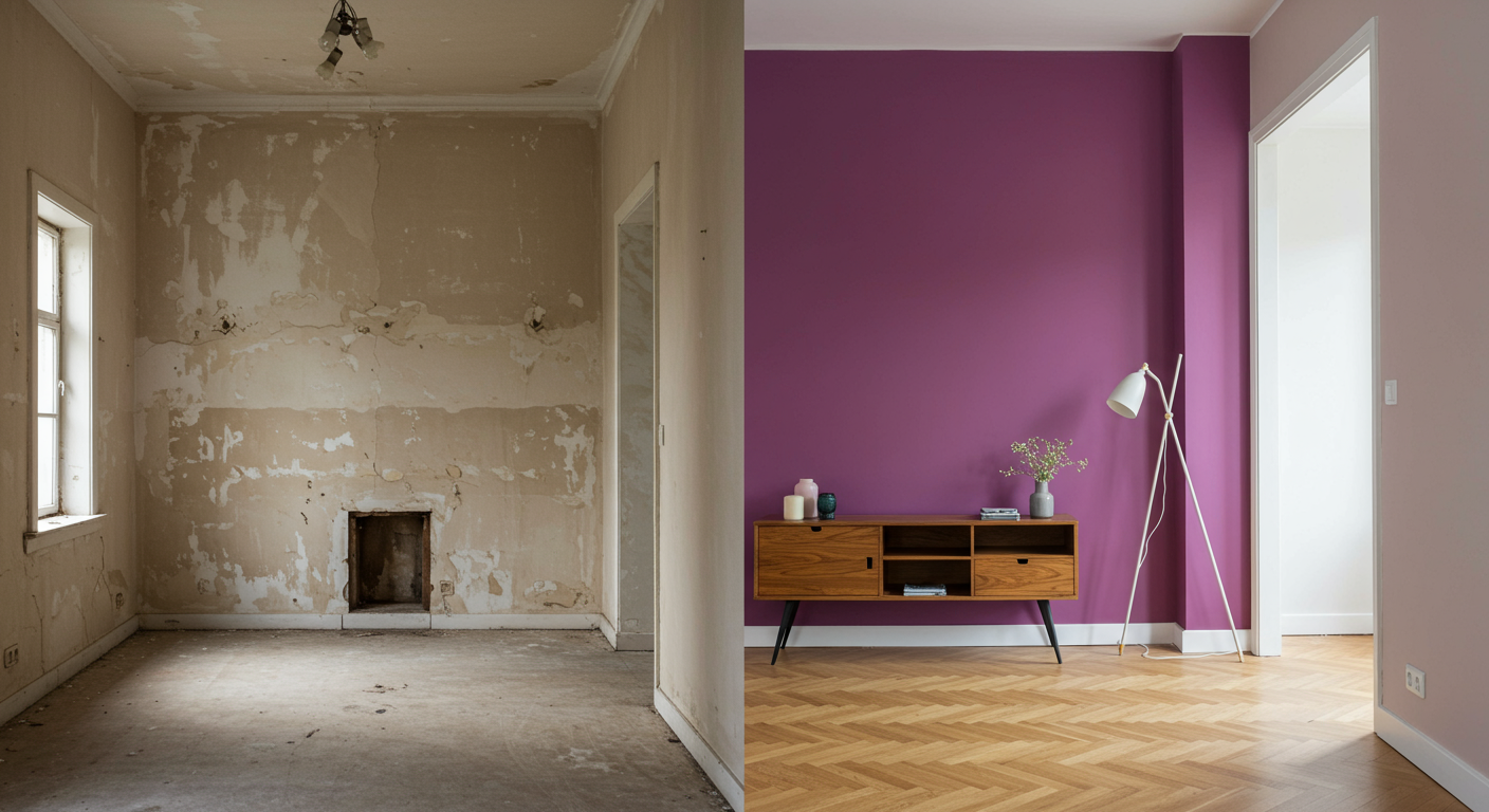 A split image showing a room before and after a fresh paint job. The left side depicts dull, faded walls, while the right side showcases vibrant, newly painted walls with modern decor.