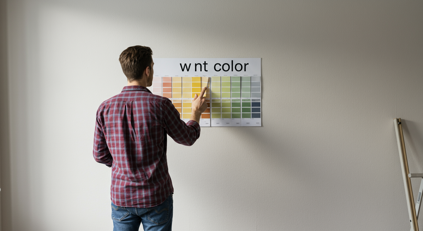 A homeowner standing in front of a wall with various paint swatches, contemplating color choices.