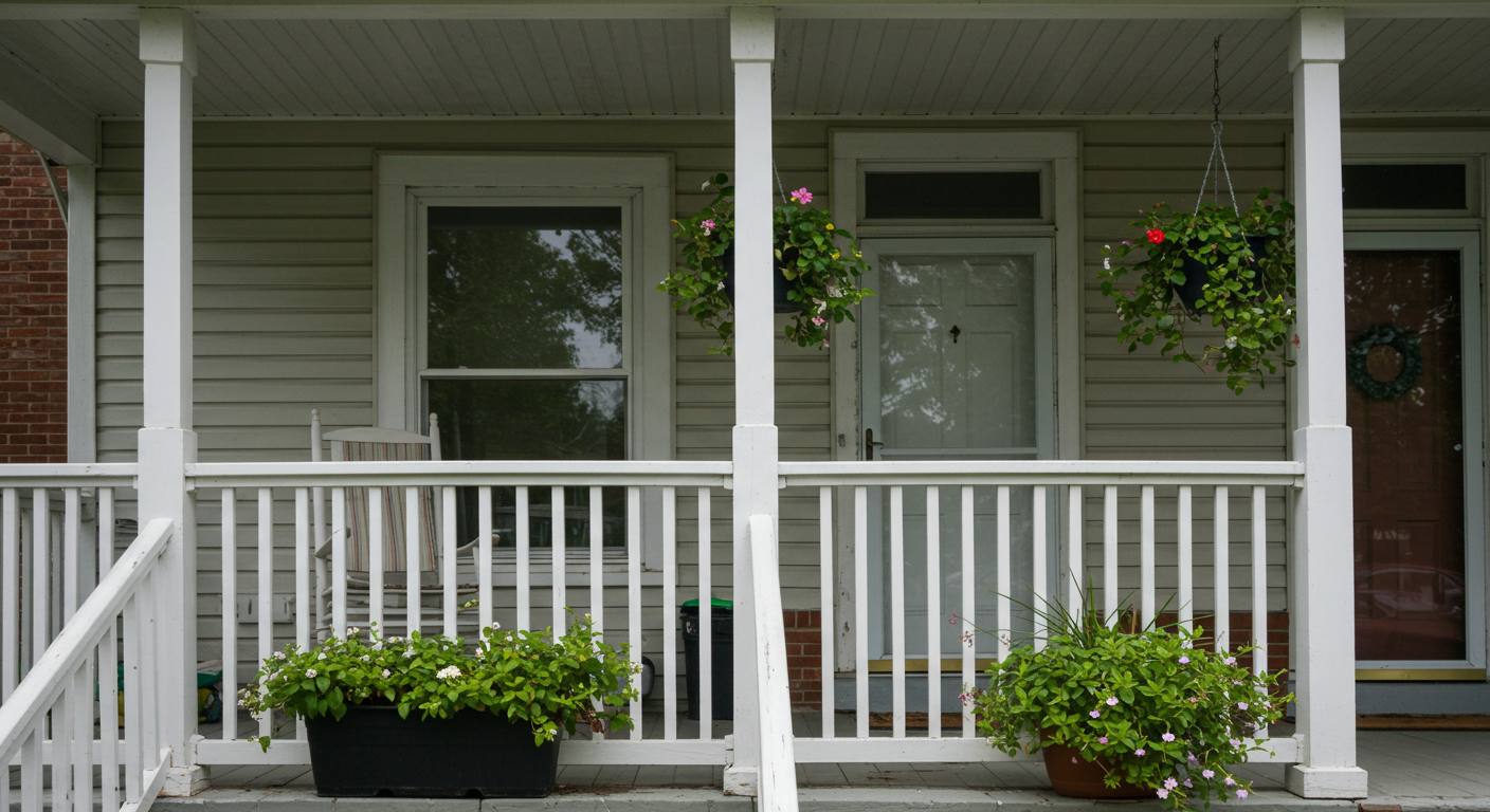 A close-up of a freshly painted house exterior, focusing on the details of the paint texture and color. The front porch is adorned with potted plants, enhancing the curb appeal of the home.