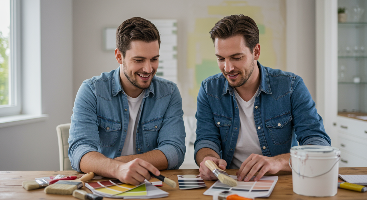 A happy homeowner discussing painting options with a friendly painting contractor at their home. They are looking at color samples, with a paint can and brushes on the table.