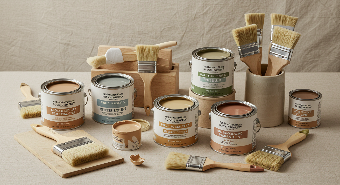 A display of eco-friendly paint cans and brushes arranged aesthetically, emphasizing sustainable painting practices.