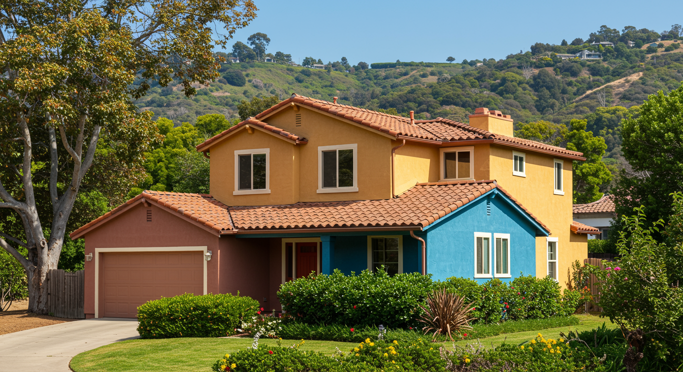 A picturesque view of a freshly painted house in Escondido, surrounded by lush greenery and a clear blue sky. The vibrant colors of the house stand out, showcasing the quality of the painting work.