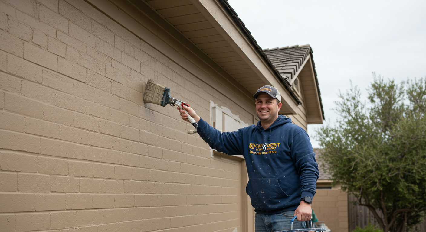 A local painter in action, applying a fresh coat of paint to a charming residential home in Corona, CA. The painter is smiling, showcasing a sense of pride in their work.