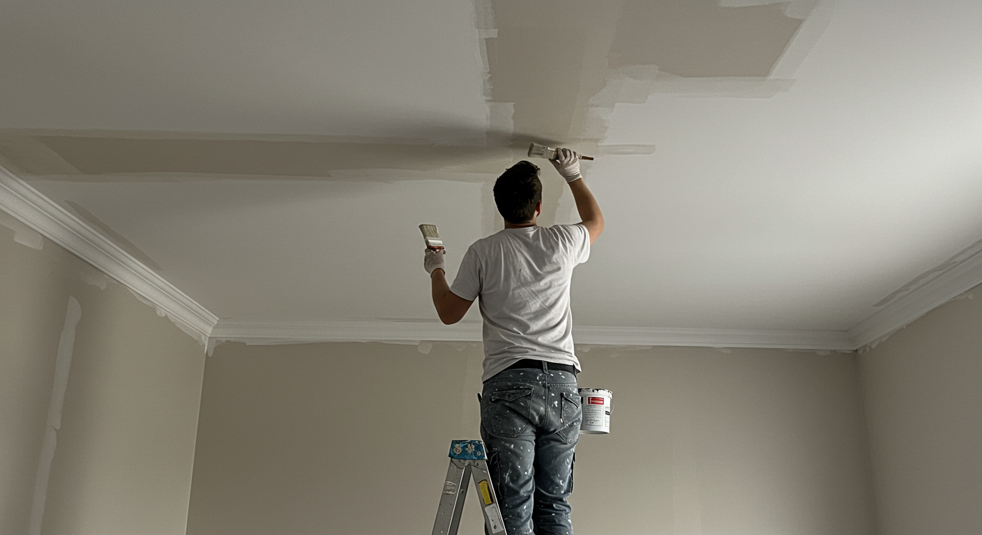 A painter standing on a ladder, carefully painting the ceiling of a room, showcasing the skill and precision involved in indoor painting.