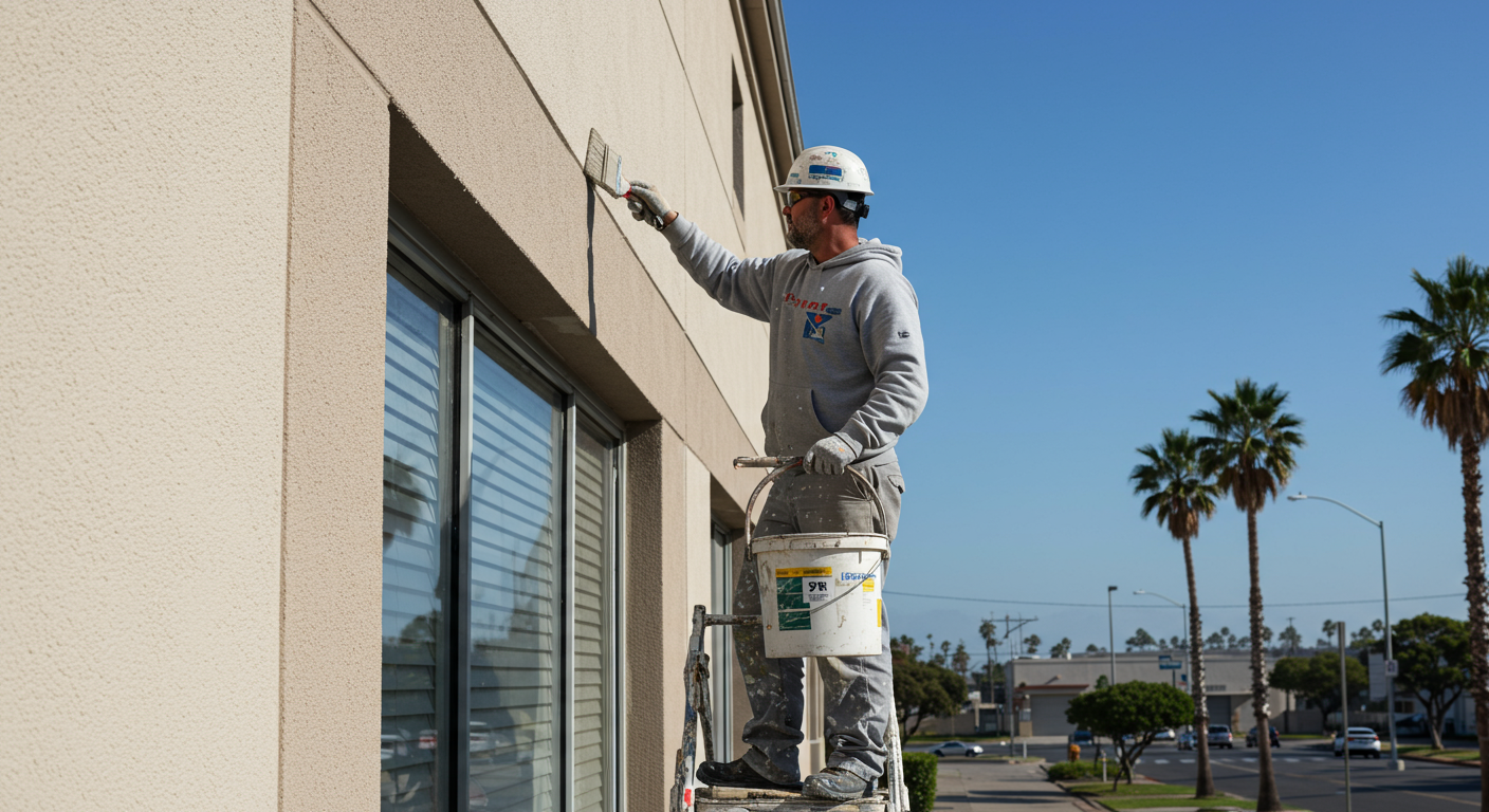 A skilled painter in uniform applying a fresh coat of paint to the exterior of a commercial building in Oceanside. The scene captures the painter in action, showcasing their expertise and attention to detail.