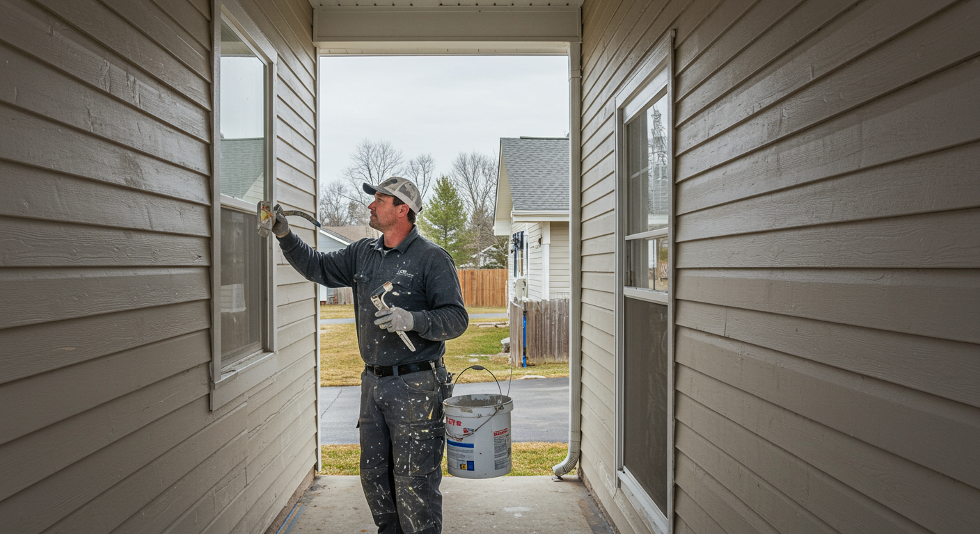A professional painter in action, carefully applying a fresh coat of paint to the exterior of a charming suburban home. The painter is wearing a uniform and safety gear, showcasing professionalism.