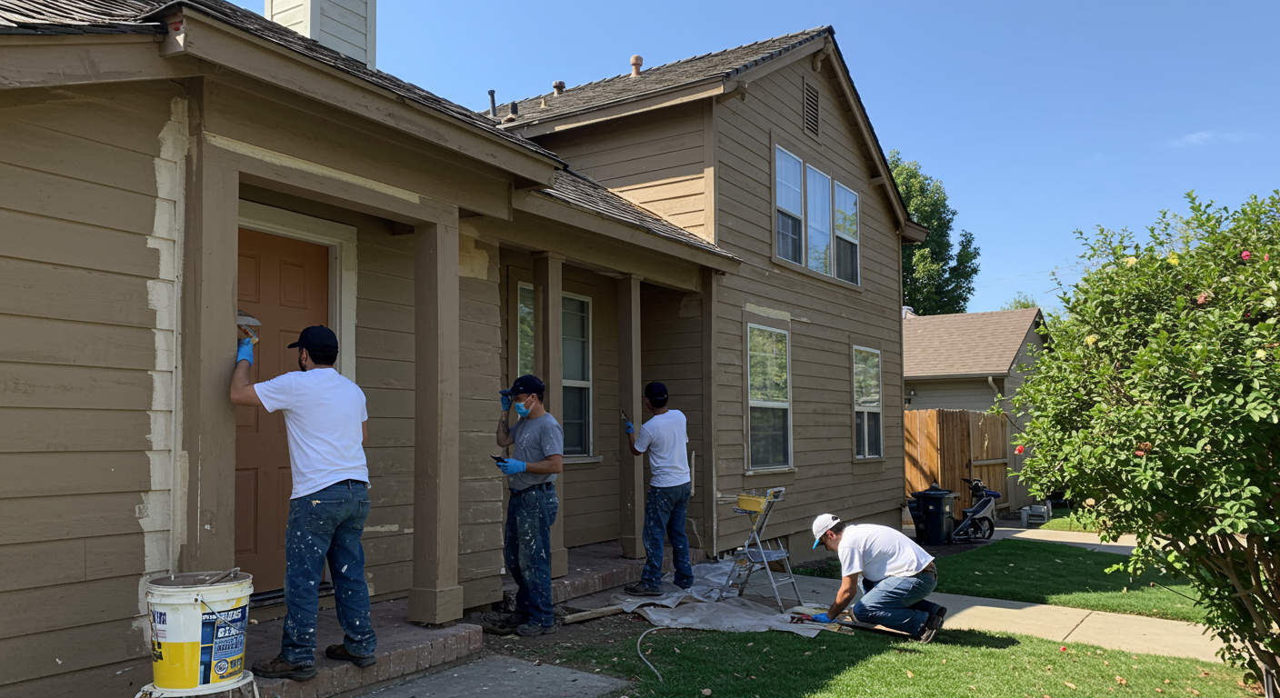 A professional painting crew in action, applying a fresh coat of vibrant paint to a charming suburban home in Stanton, CA. The crew is focused and working together, showcasing teamwork and expertise.