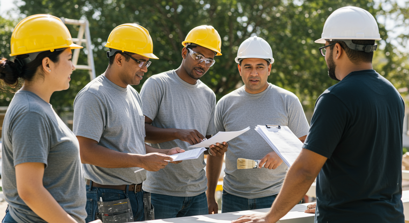 A diverse team of professional painters collaborates on a large exterior painting project. They are engaged in discussions, showcasing teamwork and professionalism in a sunny outdoor setting.