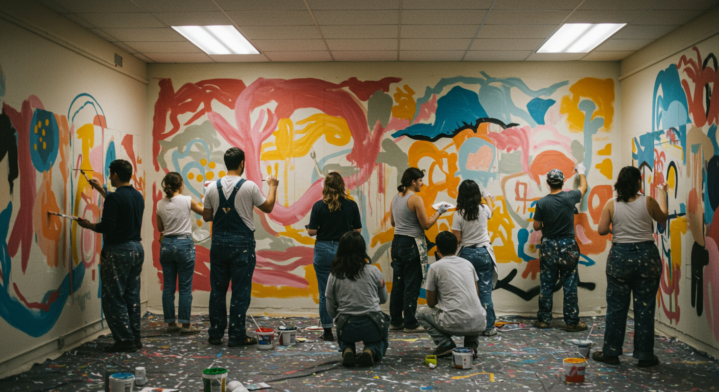 A group of diverse painters collaborating on a large mural in a community space in Chico, CA, showcasing teamwork and creativity.