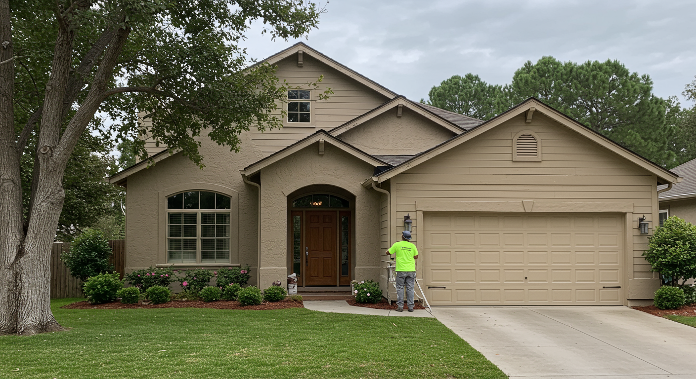 A professional painter in a bright uniform is painting the exterior of a charming Thousand Oaks home, showcasing the beautiful architecture and landscaping of the area.
