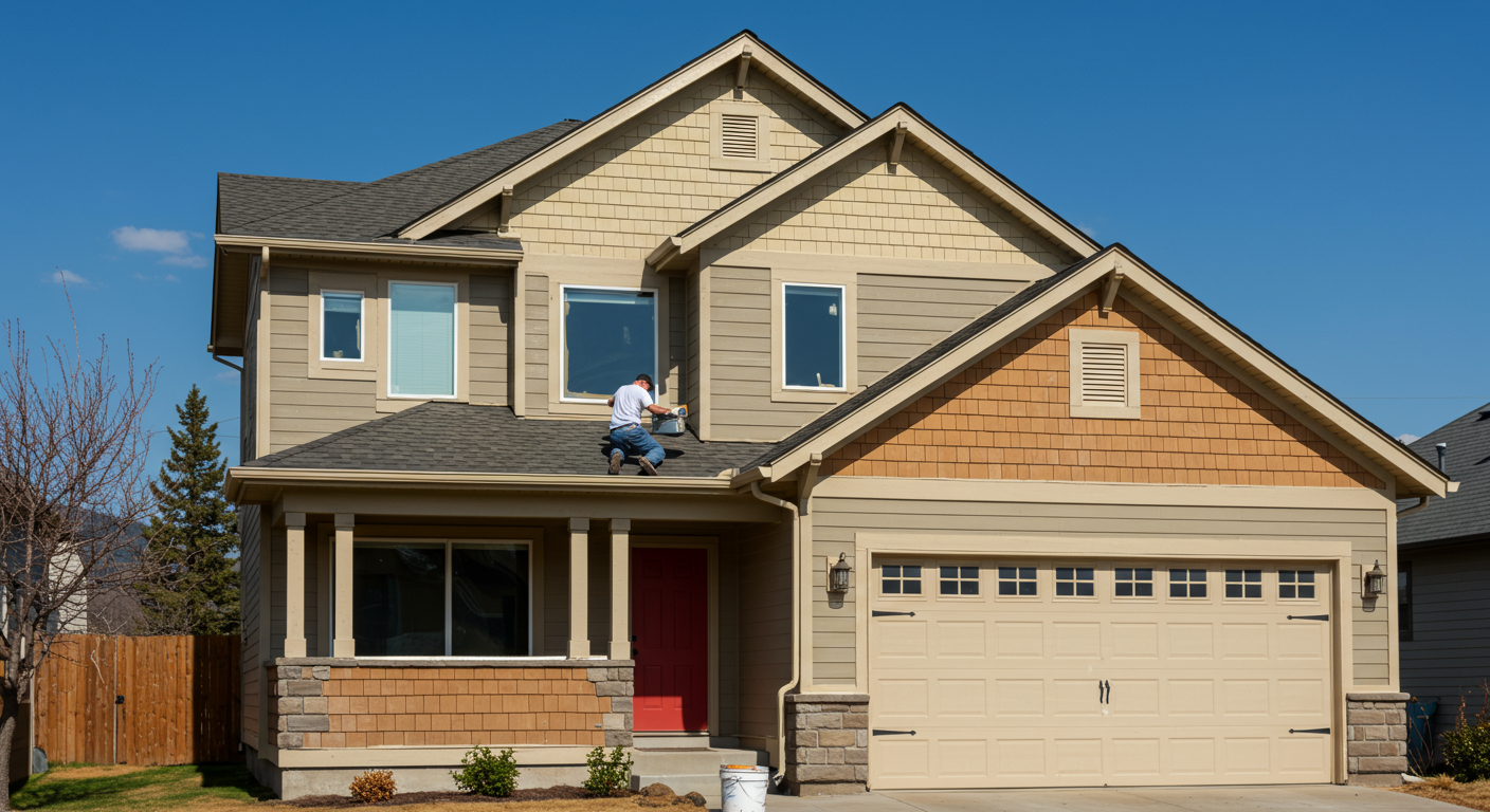A professional house painter applying a fresh coat of paint to a charming residential home in Yuba City, showcasing the vibrant colors of the exterior.