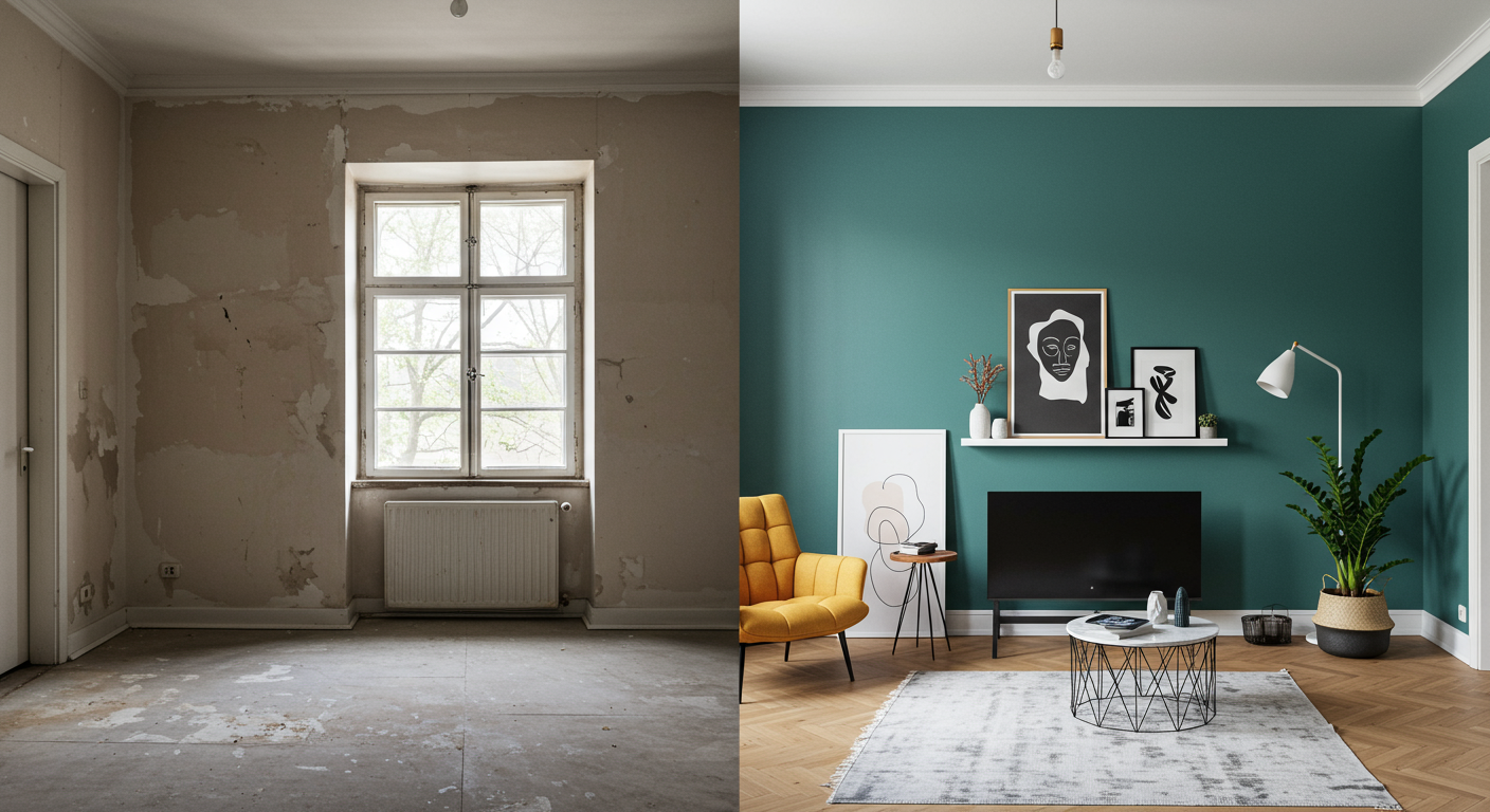 A split image showing a room before and after painting. The left side shows dull, faded walls, while the right side showcases vibrant, freshly painted walls with stylish decor.