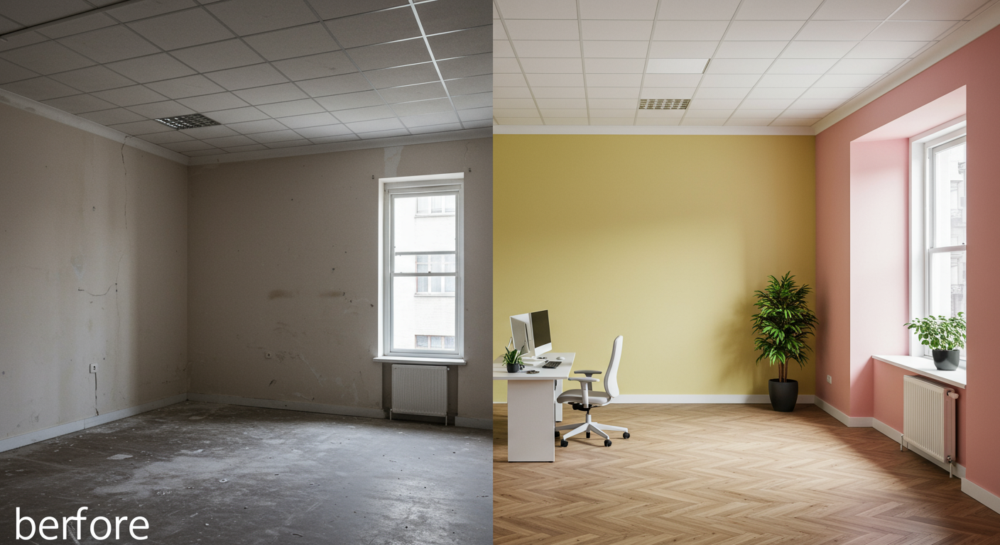 A split image showing a before-and-after comparison of an office space. One side depicts a dull, unpainted office, while the other showcases the same space transformed with bright, inviting colors.