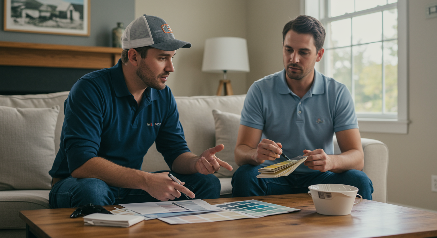 A handyman painter discussing color options with a homeowner in a cozy living room setting. The image captures paint swatches on a table and the painter attentively listening to the homeowner's ideas.