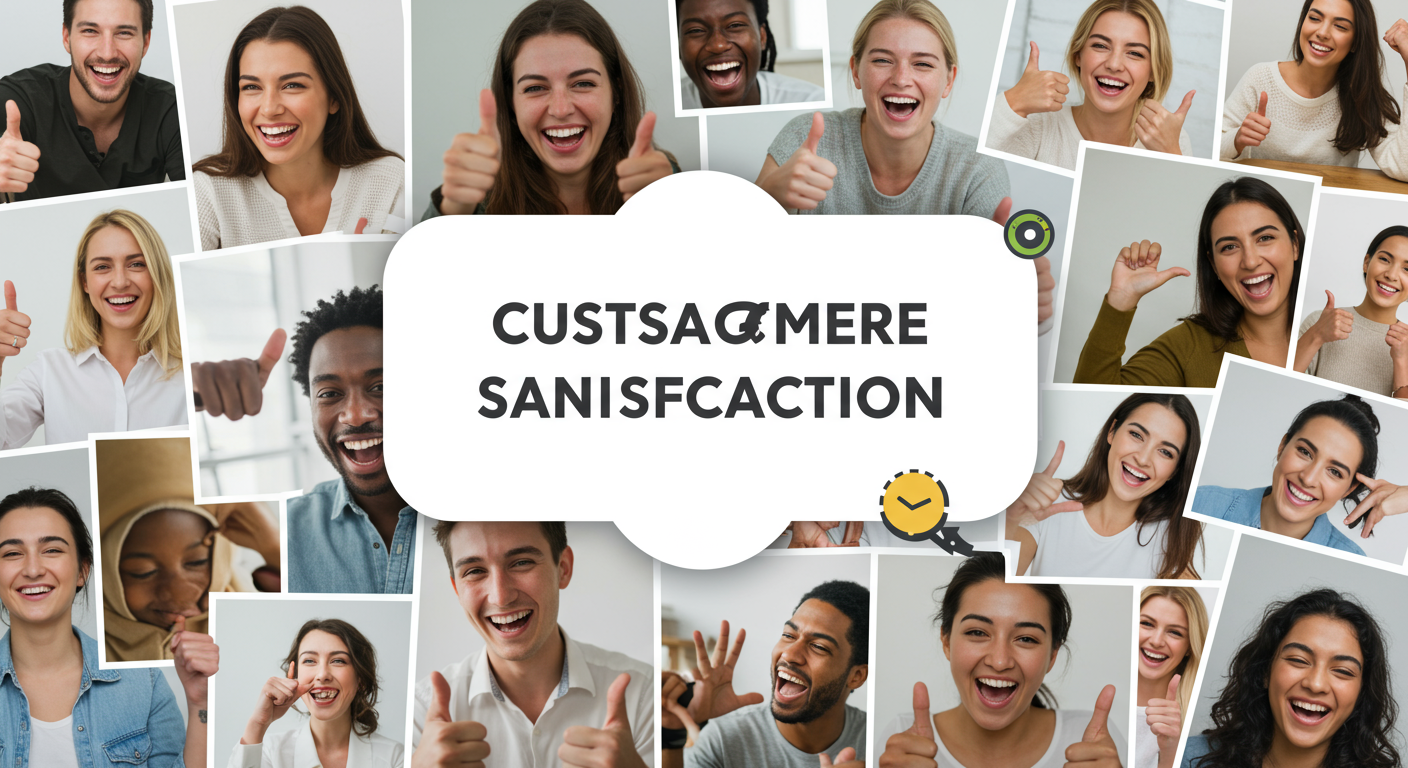 A visually appealing collage of customer testimonials and happy clients, representing satisfaction and trust.