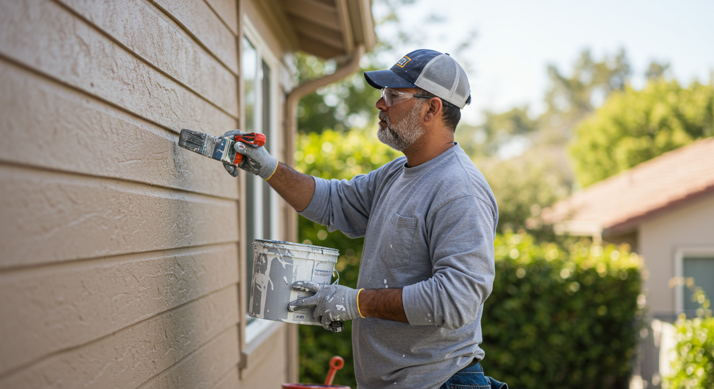A local painter in action, carefully painting the exterior of a home in La Mirada. The painter is focused and professional, surrounded by tools and paint cans, with a sunny neighborhood backdrop.