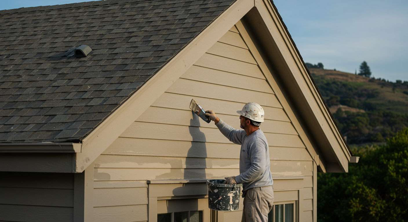 A skilled painter applying a fresh coat of paint to the exterior of a charming Salinas home. The painter is focused and wearing protective gear, showcasing professionalism.