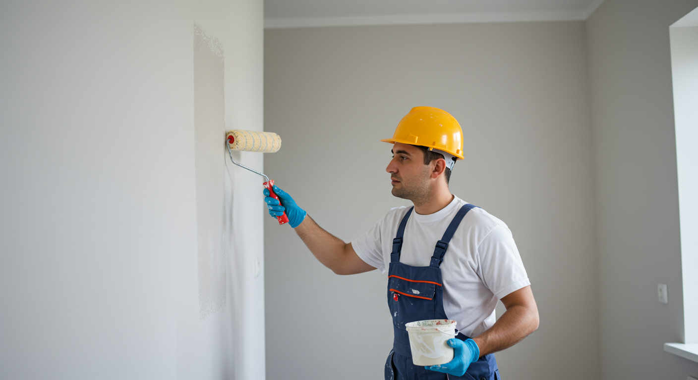 A skilled painter in a clean, modern home, carefully painting a wall with a roller. The painter is focused and wearing professional attire, showcasing attention to detail.