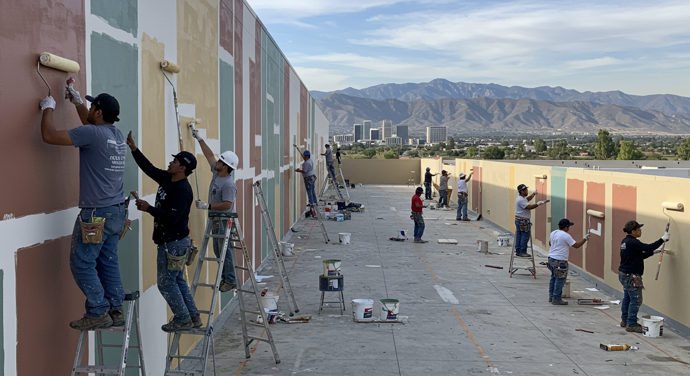 A team of professional painters collaborating on a large commercial project, with a Lake Elsinore skyline visible in the background.