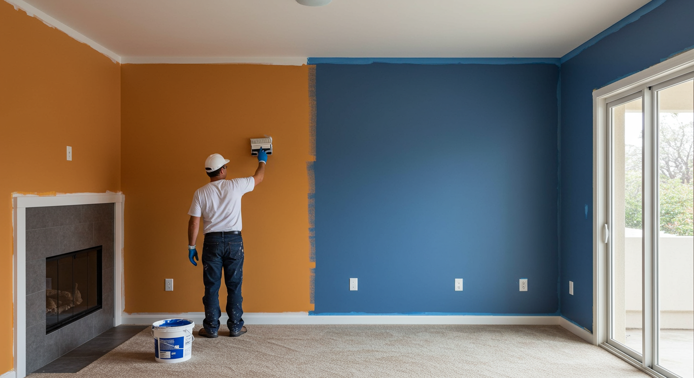 A professional painter in Ceres, CA, applying a fresh coat of vibrant paint to a living room wall. The room is well-lit, showcasing the transformation from a dull color to a bright, inviting hue.