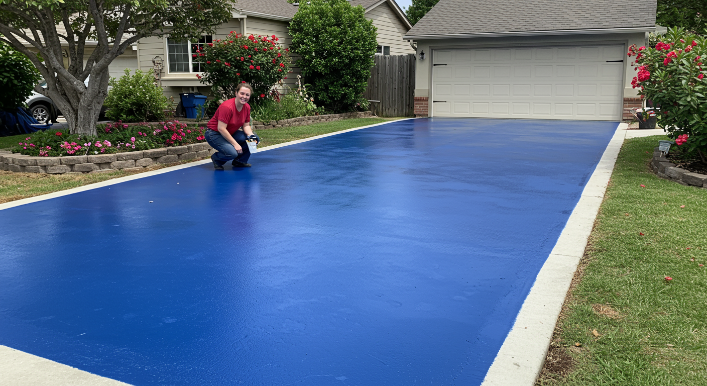 A vibrant image showcasing a freshly painted driveway in a residential setting in Yorba Linda, with a happy homeowner admiring the work.
