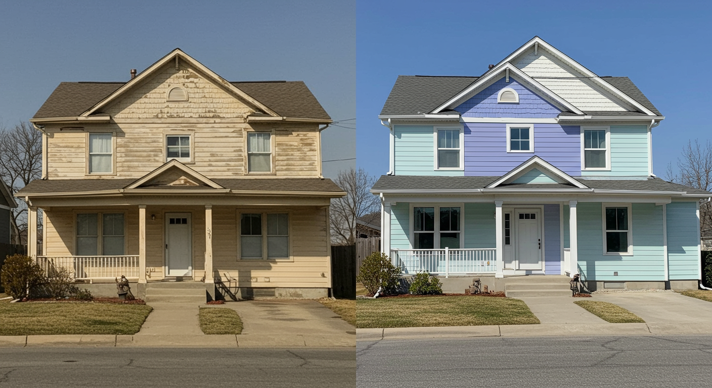A split image showing a home before and after painting. The left side displays the original, faded exterior, while the right side showcases the freshly painted, vibrant home. This visual emphasizes the transformation and value added by professional painting services.