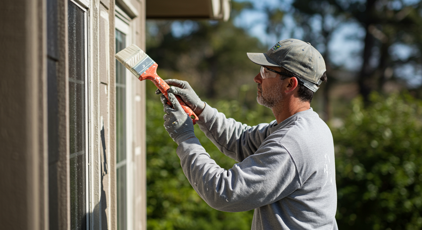 A professional painter in action, carefully painting the exterior of a house in Santa Clara. The painter is focused and using high-quality tools, demonstrating professionalism and expertise.