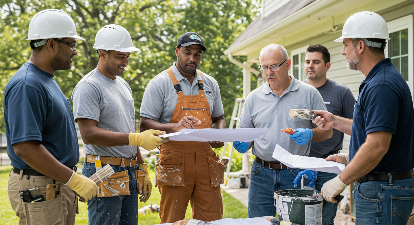 A group of professional painters working together on a house. They are seen discussing plans, preparing materials, and painting, emphasizing teamwork and professionalism.